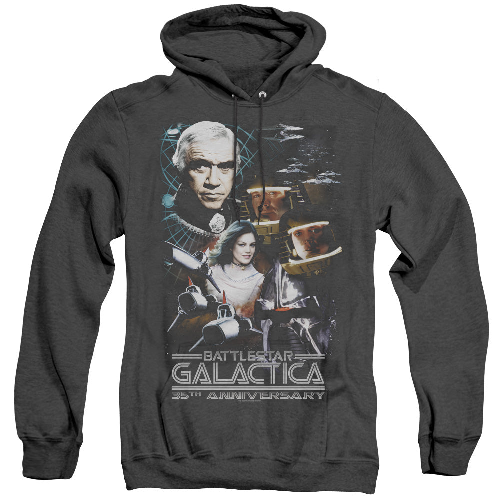 AN OFFCIALLY LICENSED BSG 35TH ANNIVERSARY COLLAGE ADULT UNISEX HEATHER PULLOVER HOODIE BLACK