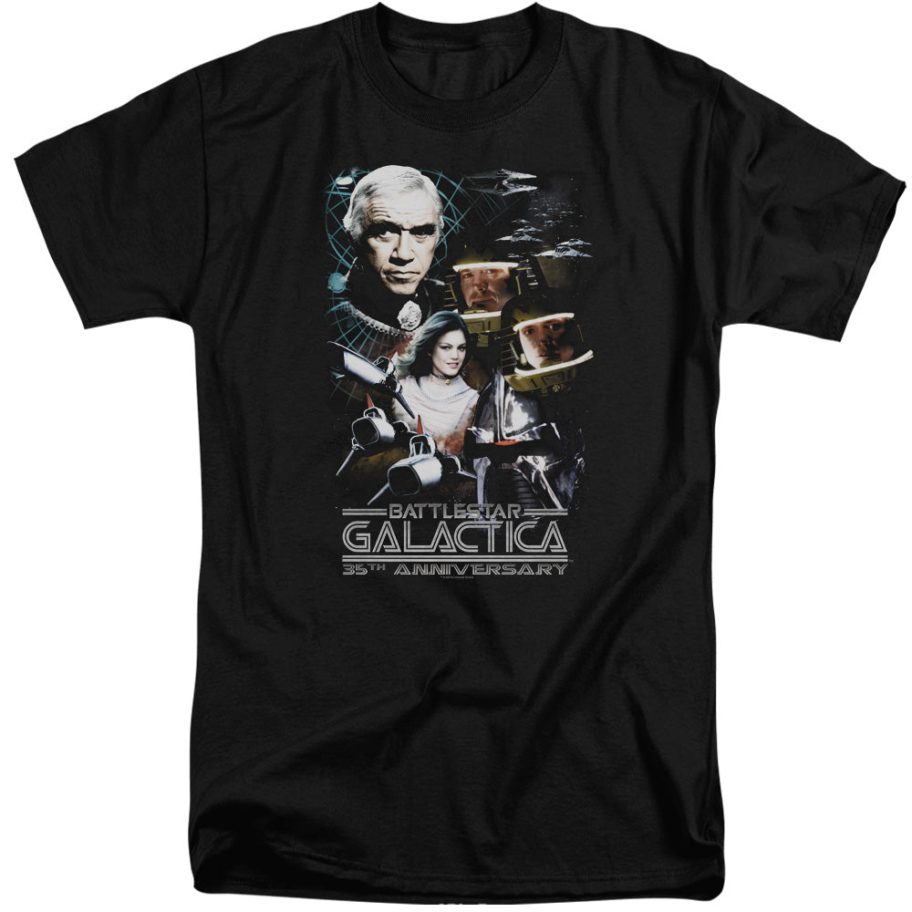 AN OFFCIALLY LICENSED BSG 35TH ANNIVERSARY COLLAGE MEN'S TALL FIT T-SHIRT BLACK