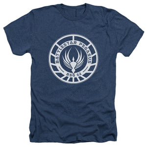 AN OFFCIALLY LICENSED BSG PEGASUS BADGE MEN'S HEATHER T-SHIRT NAVY