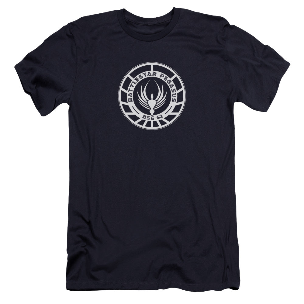 AN OFFCIALLY LICENSED BSG PEGASUS BADGE MEN'S PREMIUM SLIM FIT T-SHIRT NAVY