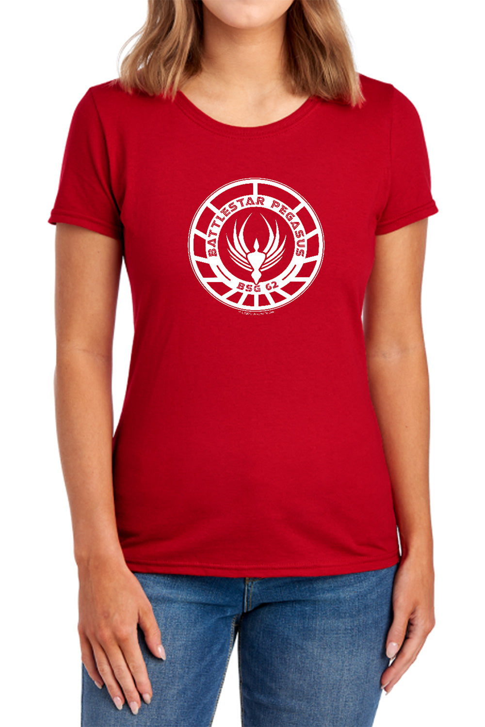 AN OFFCIALLY LICENSED BSG PEGASUS BADGE WOMEN'S REGULAR FIT T-SHIRT NAVY