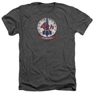 AN OFFCIALLY LICENSED BSG DEMONS BADGE MEN'S HEATHER T-SHIRT CHARCOAL