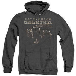 AN OFFCIALLY LICENSED BATTLESTAR GALACTICA BATTLE CAST ADULT UNISEX HEATHER PULLOVER HOODIE BLACK