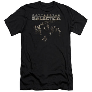 AN OFFCIALLY LICENSED BATTLESTAR GALACTICA BATTLE CAST MEN'S PREMIUM SLIM FIT T-SHIRT BLACK