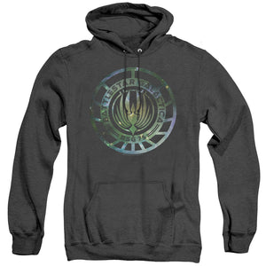 AN OFFCIALLY LICENSED BATTLESTAR GALACTICA (NEW) GALAXY EMBLEM ADULT UNISEX HEATHER PULLOVER HOODIE BLACK
