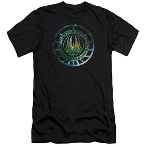 AN OFFCIALLY LICENSED BATTLESTAR GALACTICA (NEW) GALAXY EMBLEM MEN'S PREMIUM SLIM FIT T-SHIRT BLACK