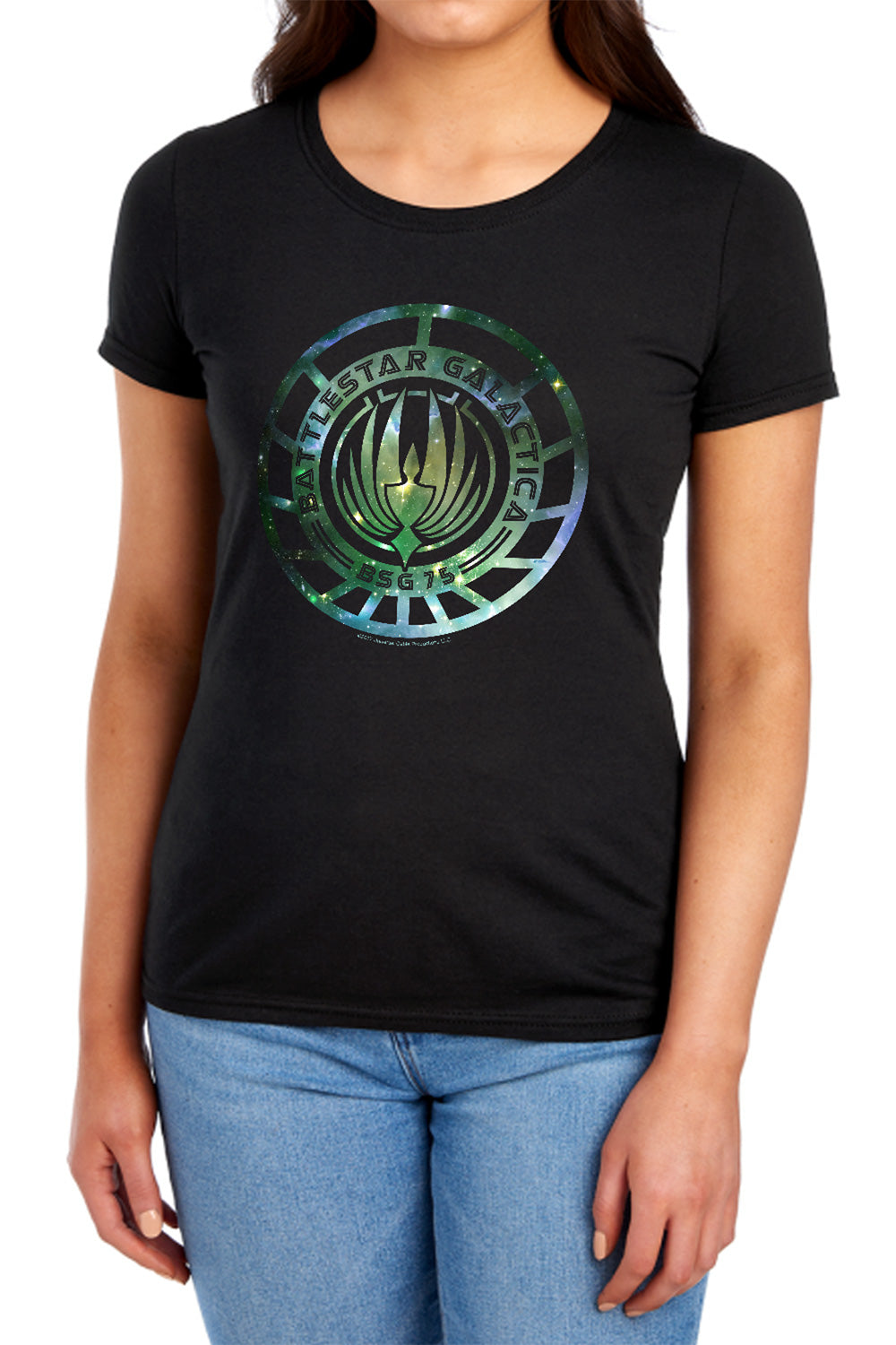 AN OFFCIALLY LICENSED BATTLESTAR GALACTICA (NEW) GALAXY EMBLEM WOMEN'S REGULAR FIT T-SHIRT BLACK