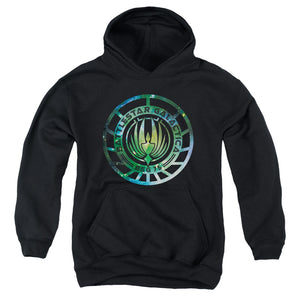 AN OFFCIALLY LICENSED BATTLESTAR GALACTICA (NEW) GALAXY EMBLEM YOUTH HOODIE BLACK