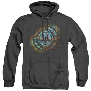 AN OFFCIALLY LICENSED BATTLESTAR GALACTICA (NEW) EMBLEM KNOCK-OUT ADULT UNISEX HEATHER PULLOVER HOODIE BLACK