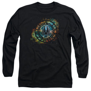 AN OFFCIALLY LICENSED BATTLESTAR GALACTICA (NEW) EMBLEM KNOCK-OUT MEN'S LONG SLEEVE T-SHIRT BLACK