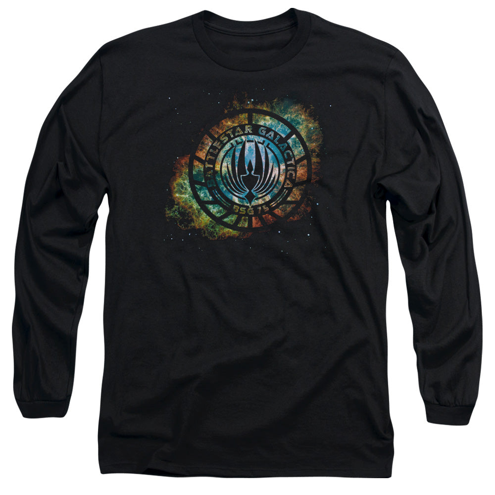 AN OFFCIALLY LICENSED BATTLESTAR GALACTICA (NEW) EMBLEM KNOCK-OUT MEN'S LONG SLEEVE T-SHIRT BLACK