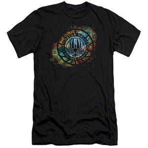 AN OFFCIALLY LICENSED BATTLESTAR GALACTICA (NEW) EMBLEM KNOCK-OUT MEN'S PREMIUM SLIM FIT T-SHIRT BLACK