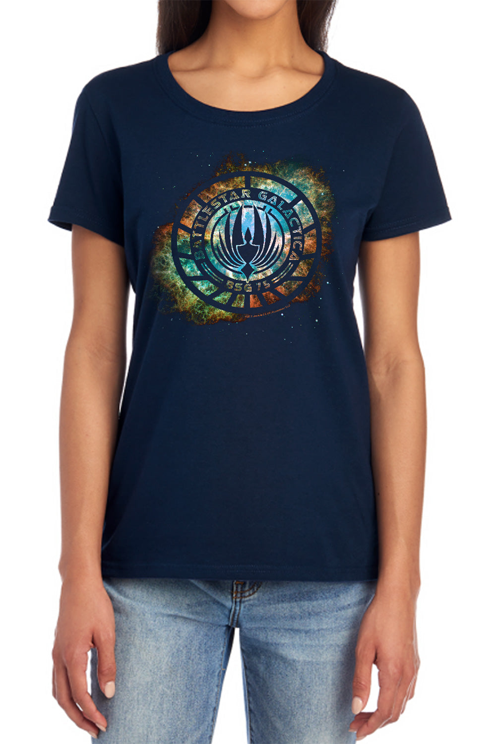 AN OFFCIALLY LICENSED BATTLESTAR GALACTICA (NEW) EMBLEM KNOCK-OUT WOMEN'S REGULAR FIT T-SHIRT BLACK