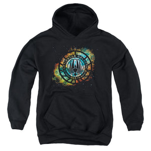 AN OFFCIALLY LICENSED BATTLESTAR GALACTICA (NEW) EMBLEM KNOCK-OUT YOUTH HOODIE BLACK