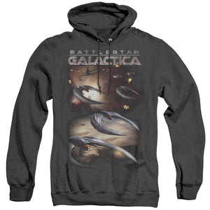 AN OFFCIALLY LICENSED BATTLESTAR GALACTICA (NEW) WHEN CYLONS ATTACK ADULT UNISEX HEATHER PULLOVER HOODIE BLACK