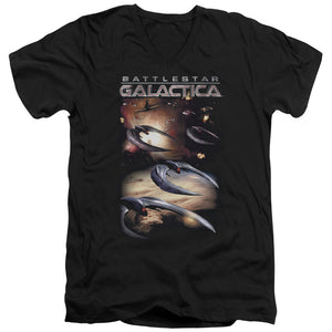 AN OFFCIALLY LICENSED BATTLESTAR GALACTICA (NEW) WHEN CYLONS ATTACK MEN'S V-NECK T-SHIRT BLACK