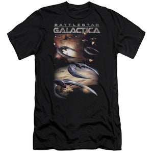 AN OFFCIALLY LICENSED BATTLESTAR GALACTICA (NEW) WHEN CYLONS ATTACK MEN'S PREMIUM SLIM FIT T-SHIRT BLACK