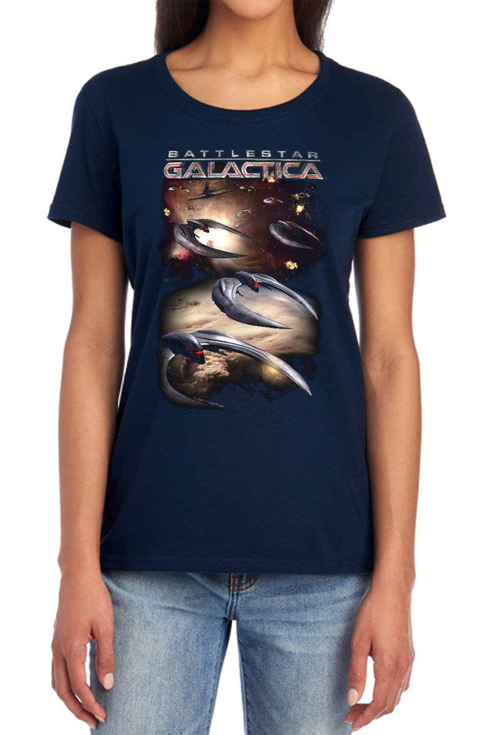 AN OFFCIALLY LICENSED BATTLESTAR GALACTICA (NEW) WHEN CYLONS ATTACK WOMEN'S REGULAR FIT T-SHIRT BLACK
