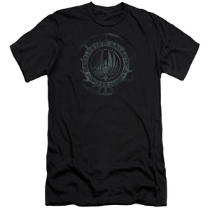 AN OFFCIALLY LICENSED BATTLESTAR GALACTICA (NEW) FADED EMBLEM MEN'S PREMIUM SLIM FIT T-SHIRT BLACK