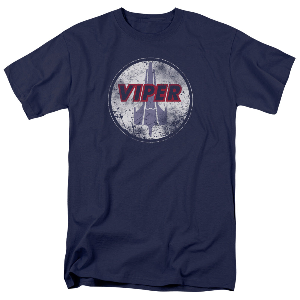 AN OFFCIALLY LICENSED BSG WAR TORN VIPER LOGO MEN'S REGULAR FIT T-SHIRT NAVY