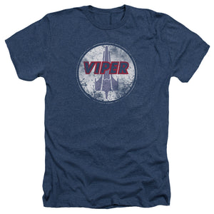 AN OFFCIALLY LICENSED BSG WAR TORN VIPER LOGO MEN'S HEATHER T-SHIRT NAVY
