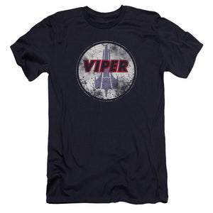 AN OFFCIALLY LICENSED BSG WAR TORN VIPER LOGO MEN'S PREMIUM SLIM FIT T-SHIRT NAVY
