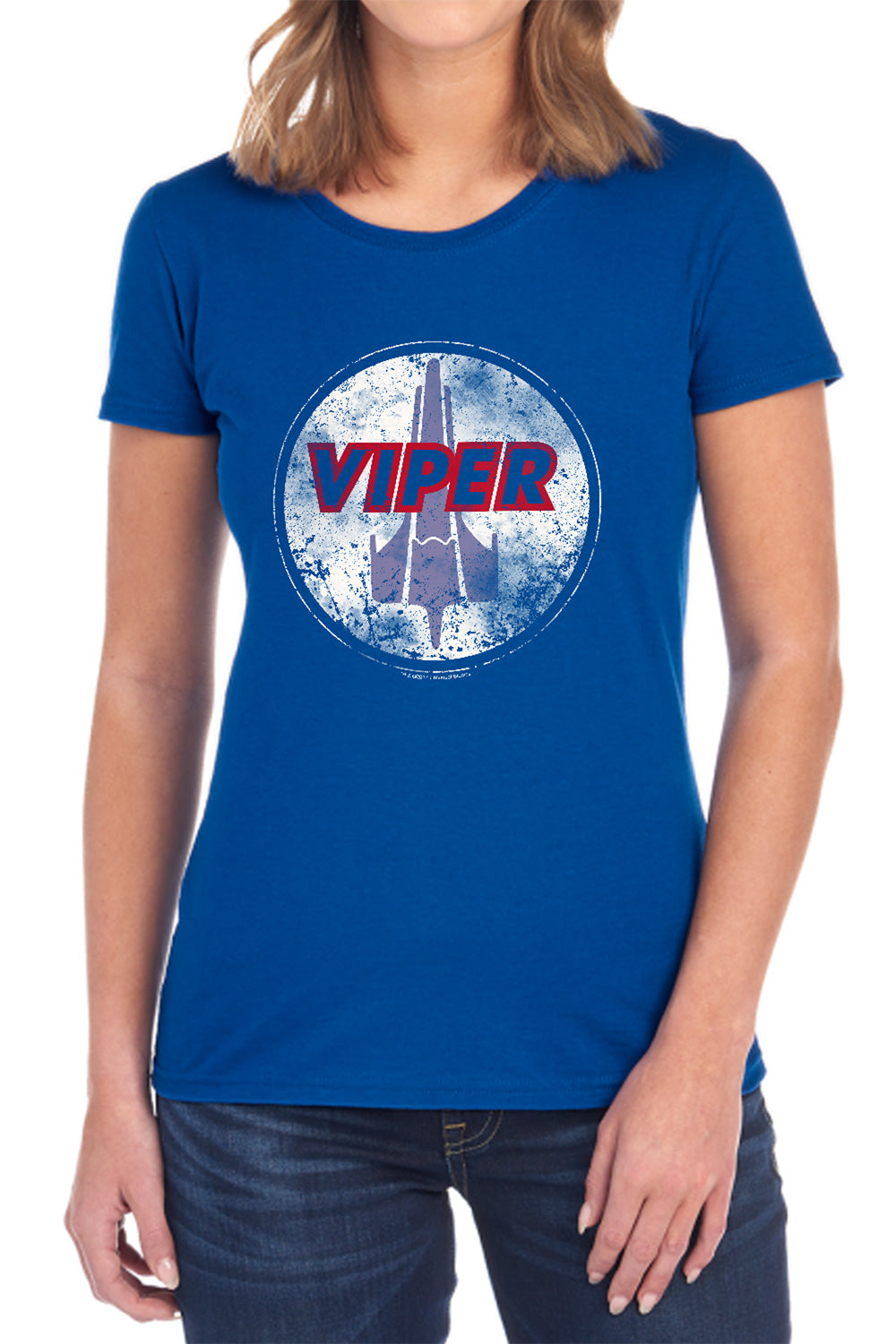 AN OFFCIALLY LICENSED BSG WAR TORN VIPER LOGO WOMEN'S REGULAR FIT T-SHIRT NAVY
