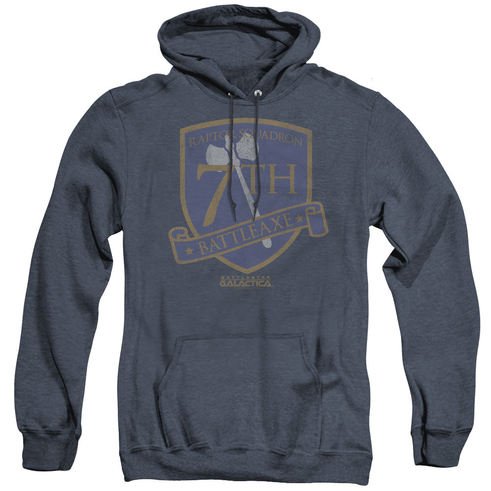AN OFFCIALLY LICENSED BSG BATTLEAXE BADGE ADULT UNISEX HEATHER PULLOVER HOODIE NAVY