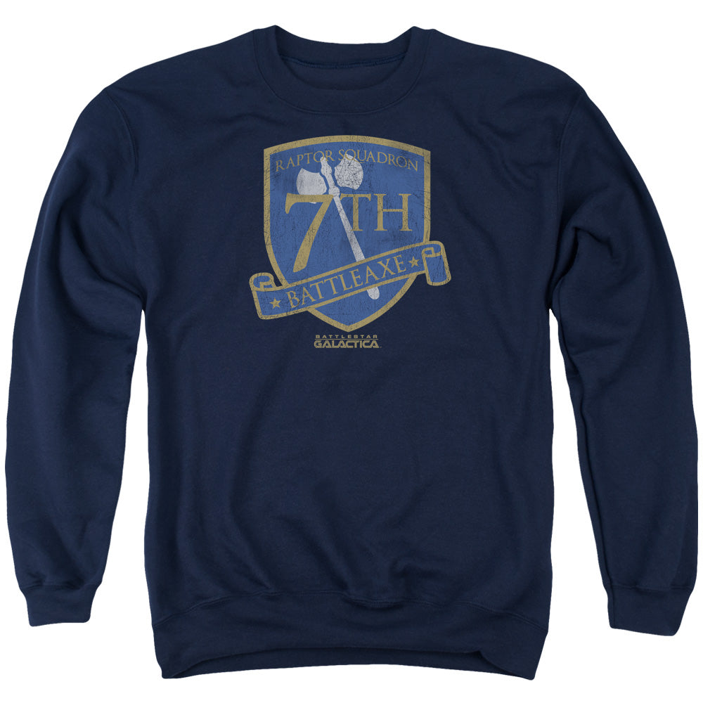 AN OFFCIALLY LICENSED BSG BATTLEAXE BADGE ADULT UNISEX CREWNECK SWEATSHIRT NAVY