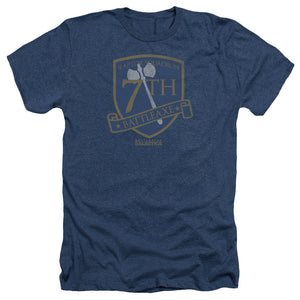 AN OFFCIALLY LICENSED BSG BATTLEAXE BADGE MEN'S HEATHER T-SHIRT NAVY