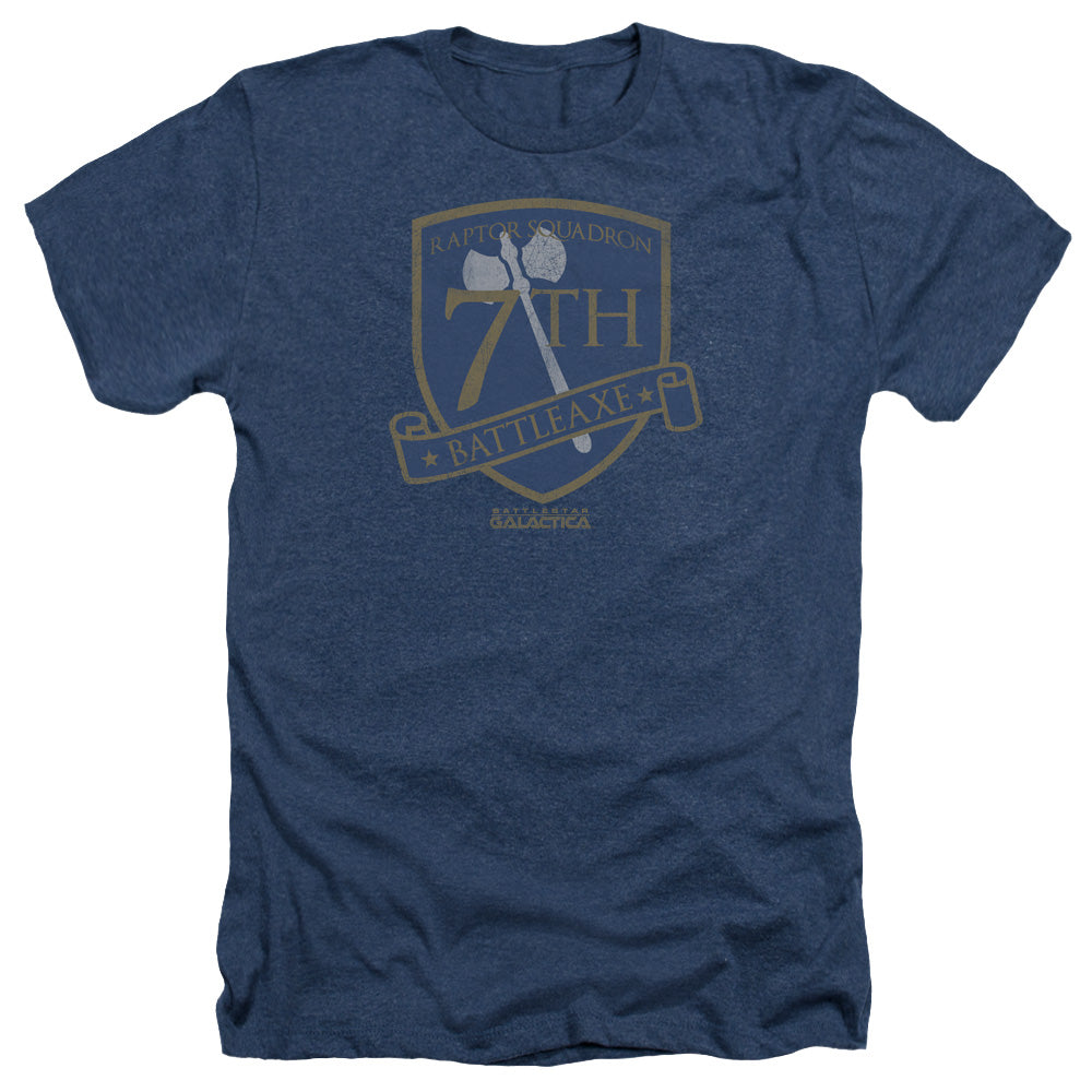 AN OFFCIALLY LICENSED BSG BATTLEAXE BADGE MEN'S HEATHER T-SHIRT NAVY