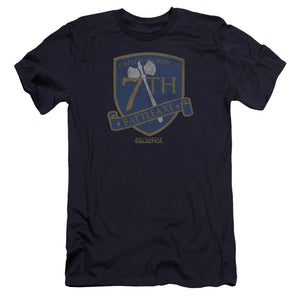 AN OFFCIALLY LICENSED BSG BATTLEAXE BADGE MEN'S PREMIUM SLIM FIT T-SHIRT NAVY