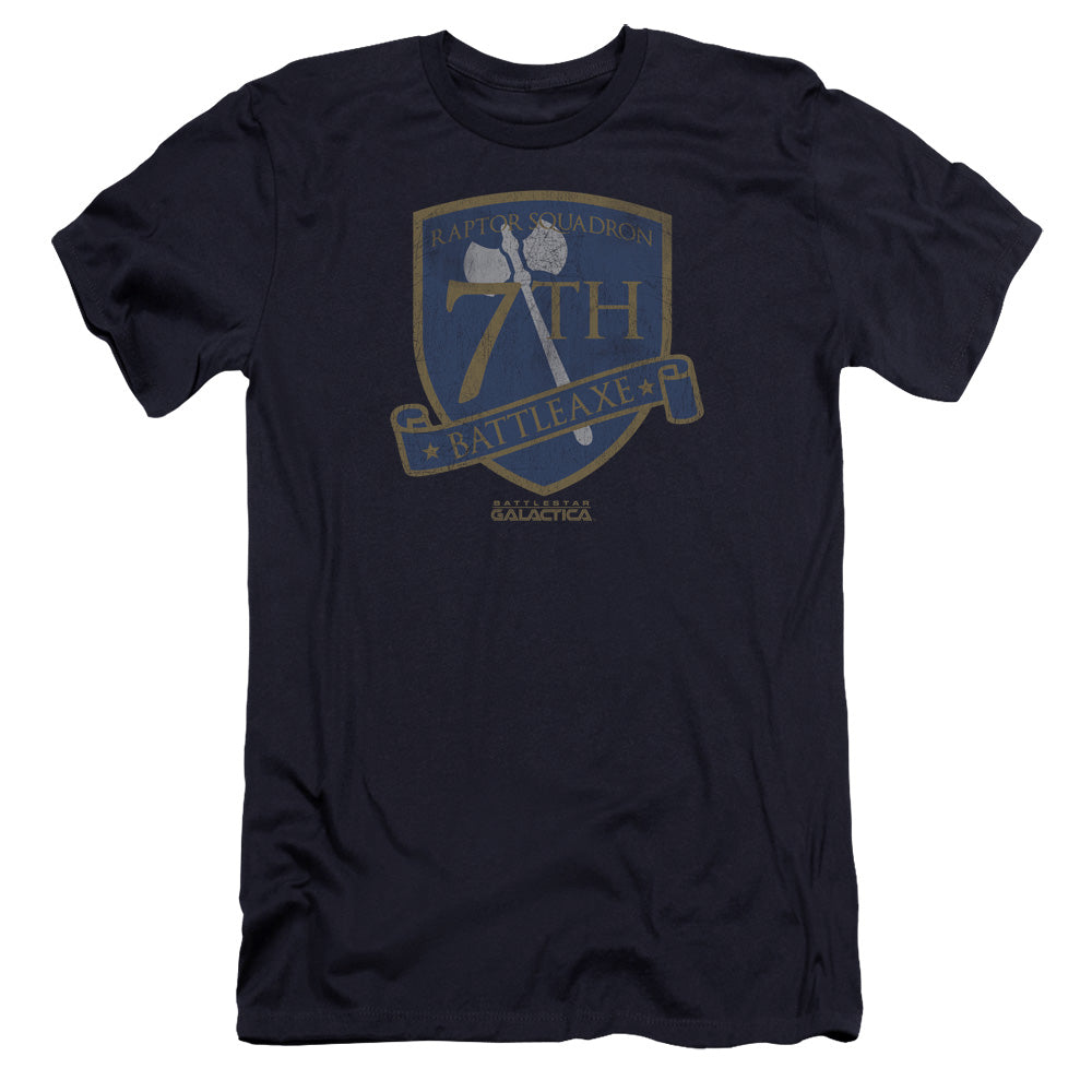 AN OFFCIALLY LICENSED BSG BATTLEAXE BADGE MEN'S PREMIUM SLIM FIT T-SHIRT NAVY