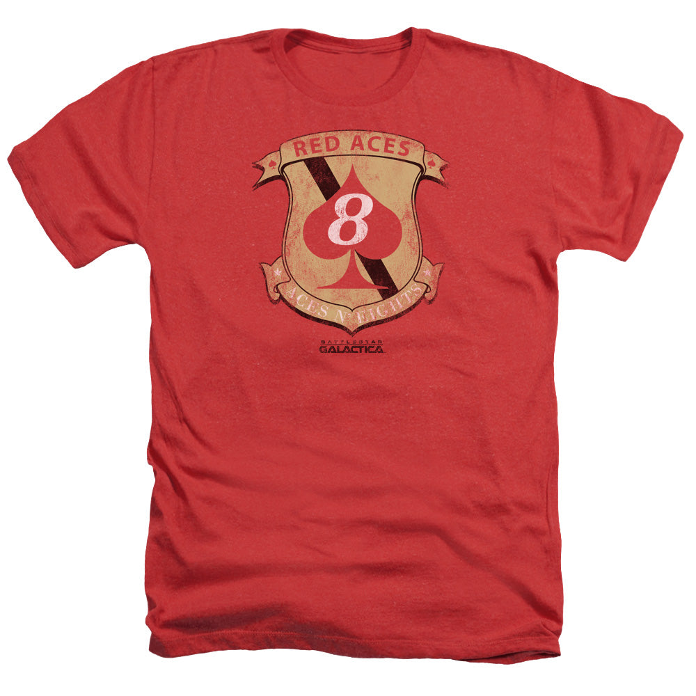 AN OFFCIALLY LICENSED BSG RED ACES BADGE MEN'S HEATHER T-SHIRT RED