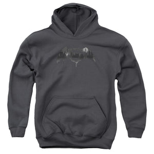 AN OFFCIALLY LICENSED BATMAN V SUPERMAN CITYSCAPE LOGO YOUTH HOODIE CHARCOAL