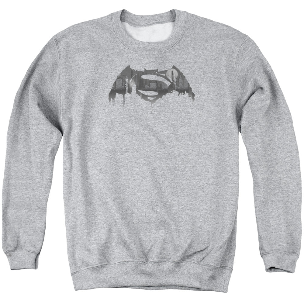 AN OFFCIALLY LICENSED BATMAN V SUPERMAN CITYSCAPE LOGO ADULT UNISEX CREWNECK SWEATSHIRT ATHLETIC HEATHER