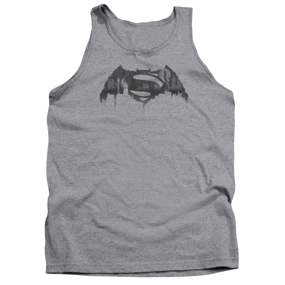 AN OFFCIALLY LICENSED BATMAN V SUPERMAN CITYSCAPE LOGO ADULT UNISEX TANK TOP ATHLETIC HEATHER