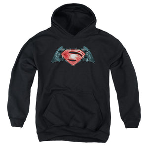 AN OFFCIALLY LICENSED BATMAN V SUPERMAN INDUSTRIAL LOGO YOUTH HOODIE BLACK