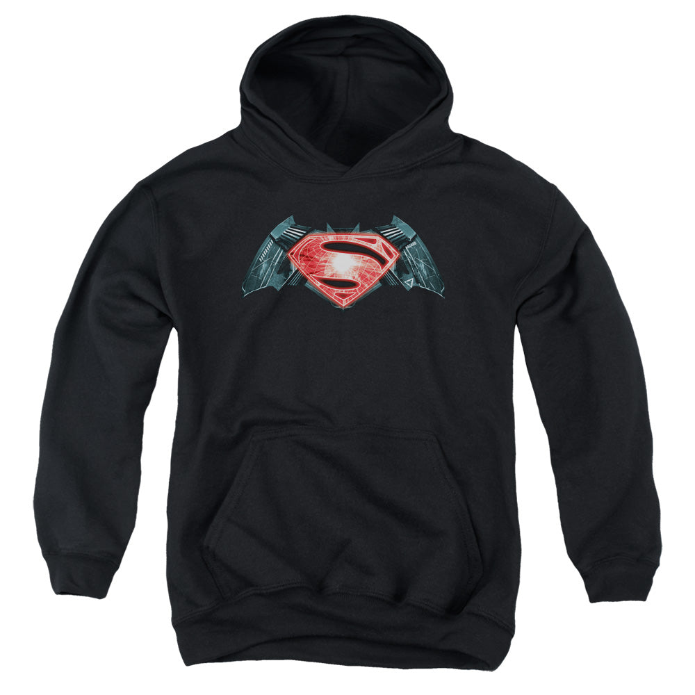 AN OFFCIALLY LICENSED BATMAN V SUPERMAN INDUSTRIAL LOGO YOUTH HOODIE BLACK