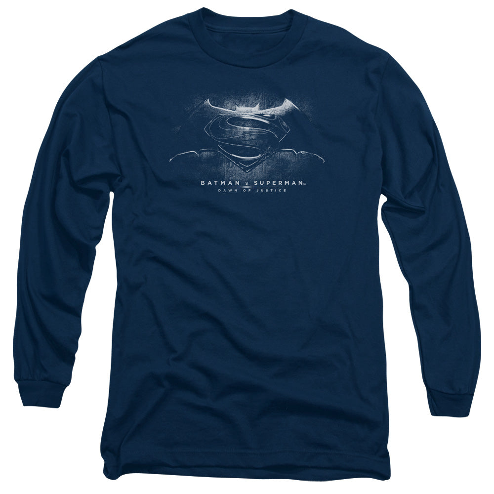 AN OFFCIALLY LICENSED BATMAN V SUPERMAN BW LOGO MEN'S LONG SLEEVE T-SHIRT NAVY