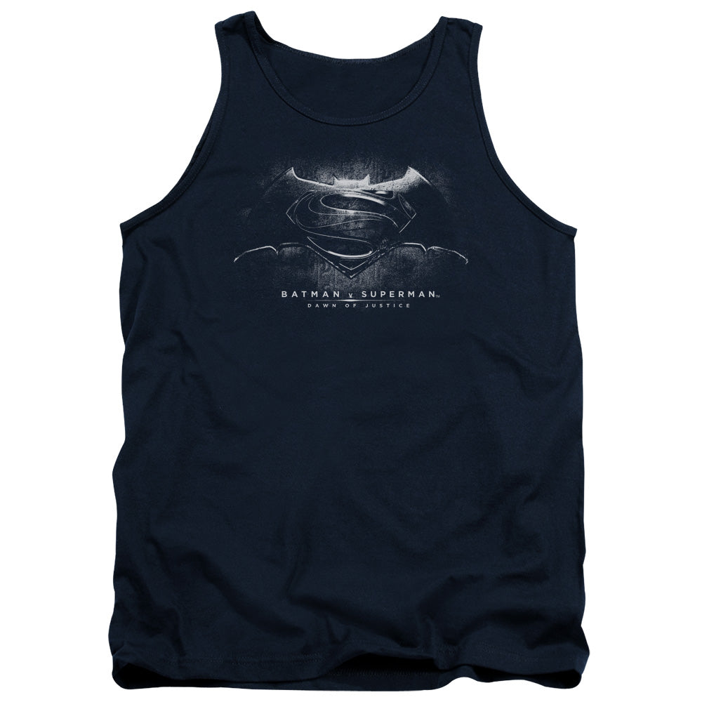 AN OFFCIALLY LICENSED BATMAN V SUPERMAN BW LOGO ADULT UNISEX TANK TOP NAVY