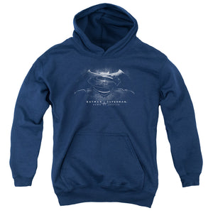 AN OFFCIALLY LICENSED BATMAN V SUPERMAN BW LOGO YOUTH HOODIE NAVY