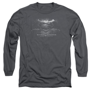 AN OFFCIALLY LICENSED BATMAN V SUPERMAN BW LOGO MEN'S LONG SLEEVE T-SHIRT CHARCOAL