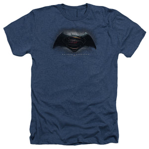 AN OFFCIALLY LICENSED BATMAN V SUPERMAN LOGO MEN'S HEATHER T-SHIRT NAVY