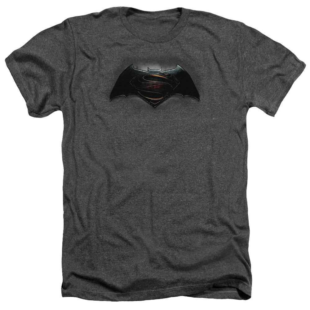 AN OFFCIALLY LICENSED BATMAN V SUPERMAN LOGO MEN'S HEATHER T-SHIRT CHARCOAL