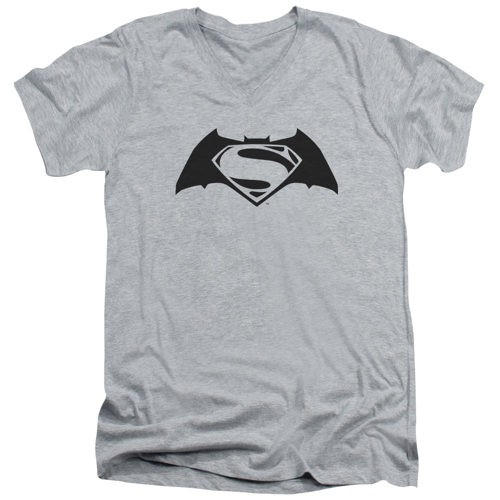 AN OFFCIALLY LICENSED BATMAN V SUPERMAN SIMPLE LOGO MEN'S V-NECK T-SHIRT ATHLETIC HEATHER