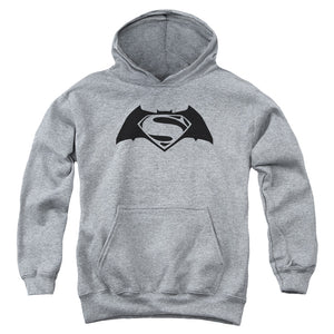AN OFFCIALLY LICENSED BATMAN V SUPERMAN SIMPLE LOGO YOUTH HOODIE ATHLETIC HEATHER