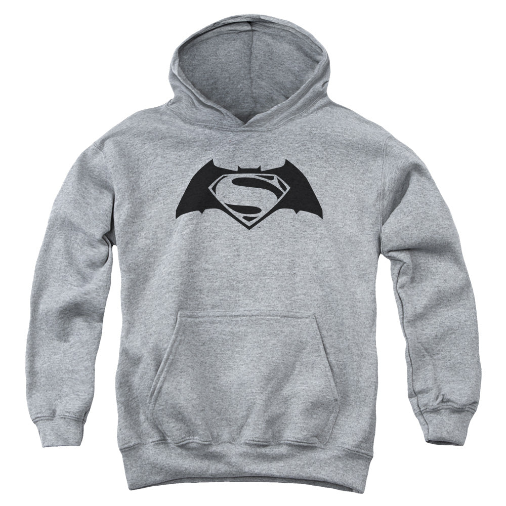 AN OFFCIALLY LICENSED BATMAN V SUPERMAN SIMPLE LOGO YOUTH HOODIE ATHLETIC HEATHER
