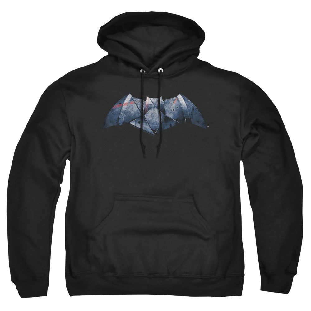 AN OFFCIALLY LICENSED BATMAN V SUPERMAN PLATED BAT LOGO ADULT UNISEX PULLOVER HOODIE BLACK