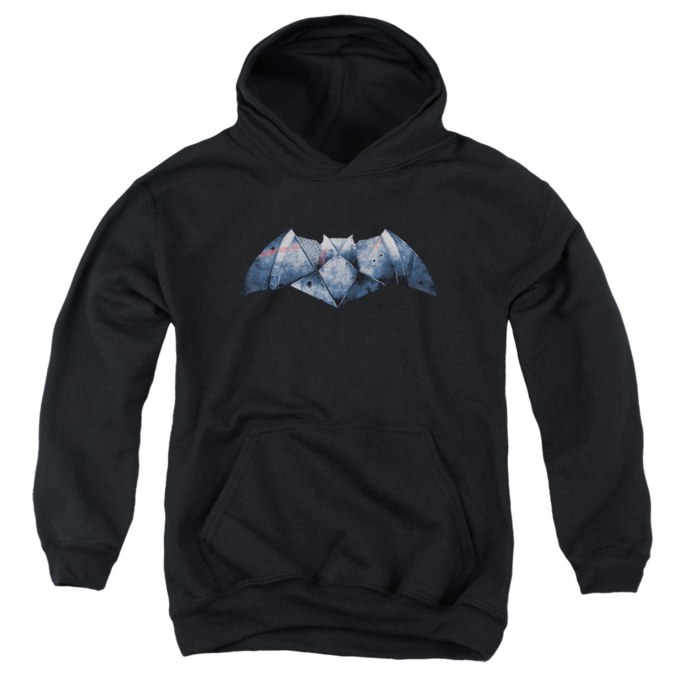 AN OFFCIALLY LICENSED BATMAN V SUPERMAN PLATED BAT LOGO YOUTH HOODIE BLACK